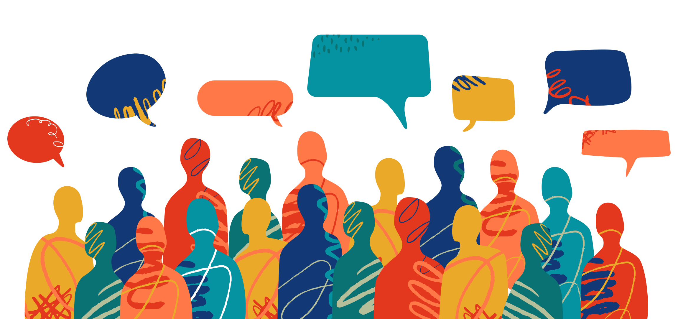 mainhero_community_illustration-01 An illustration showing many silhouette style shapes of people with many chat bubble icons above their heads.